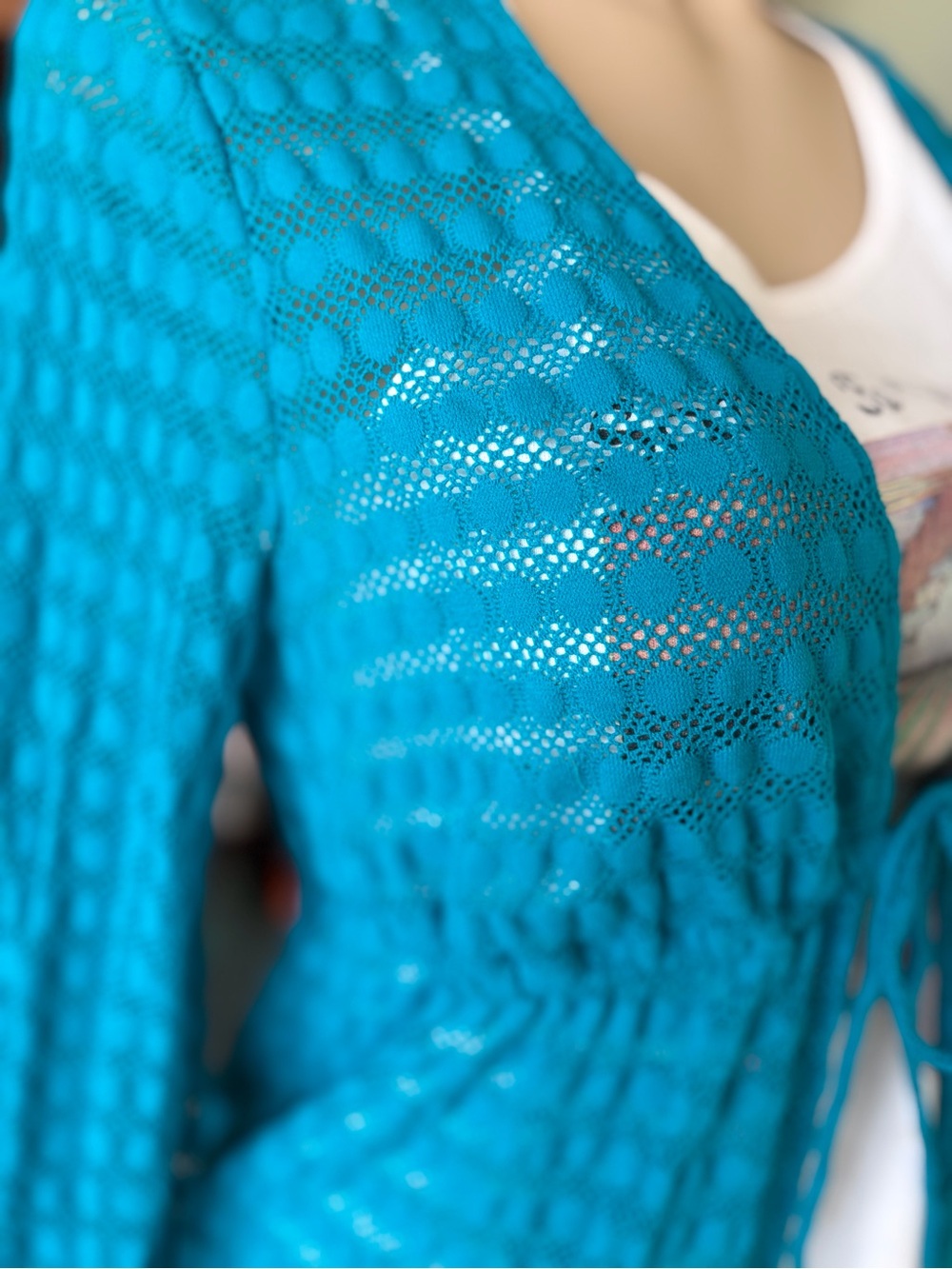 Jantzen Teal Crochet Eyelet Swimsuit Coverup Women’s Size L Boho Chic Fairycore - Picture 8 of 16